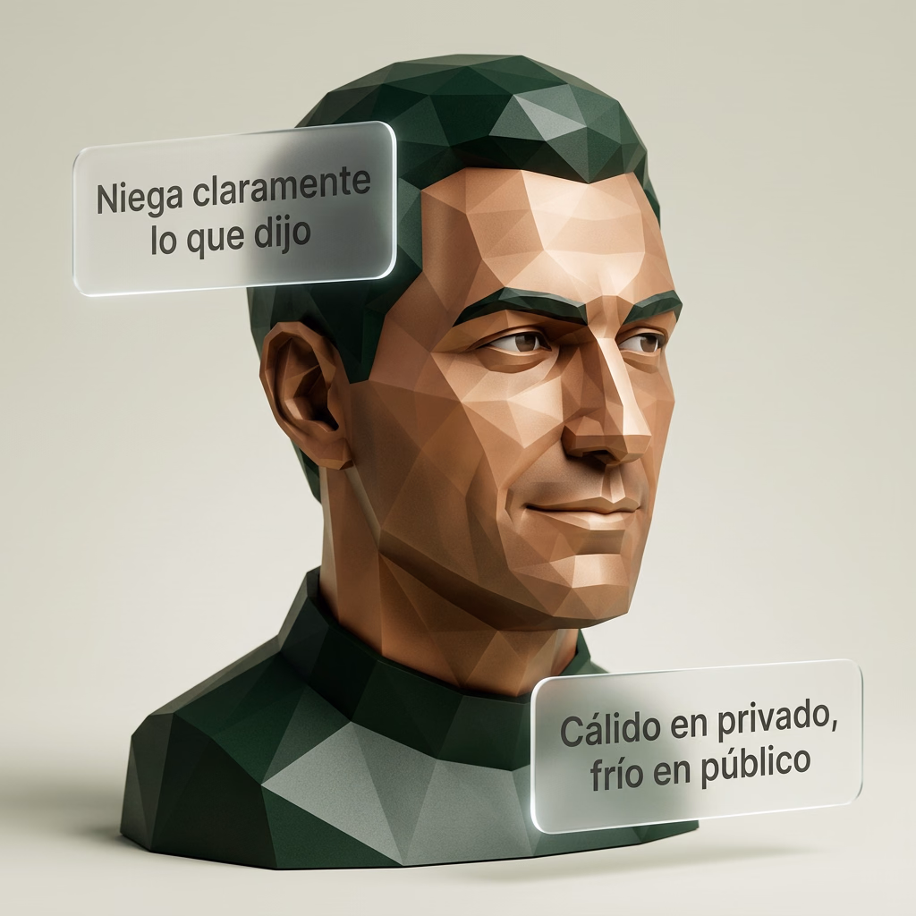 Un busto escultórico low-poly de un hombre con mirada fría y calculadora, con dos paneles translúcidos que dicen “Niega claramente lo que dijo” y “Cálido en privado, frío en público”