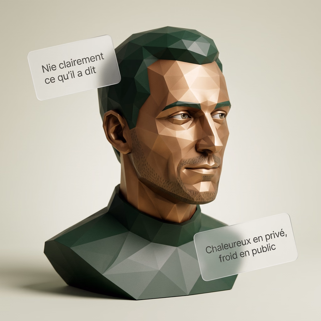 Un buste sculptural low-poly d'un homme au regard froid et calculateur, avec deux panneaux translucides portant les textes “Nie clairement ce qu'il a dit” et “Chaleureux en privé, froid en public”