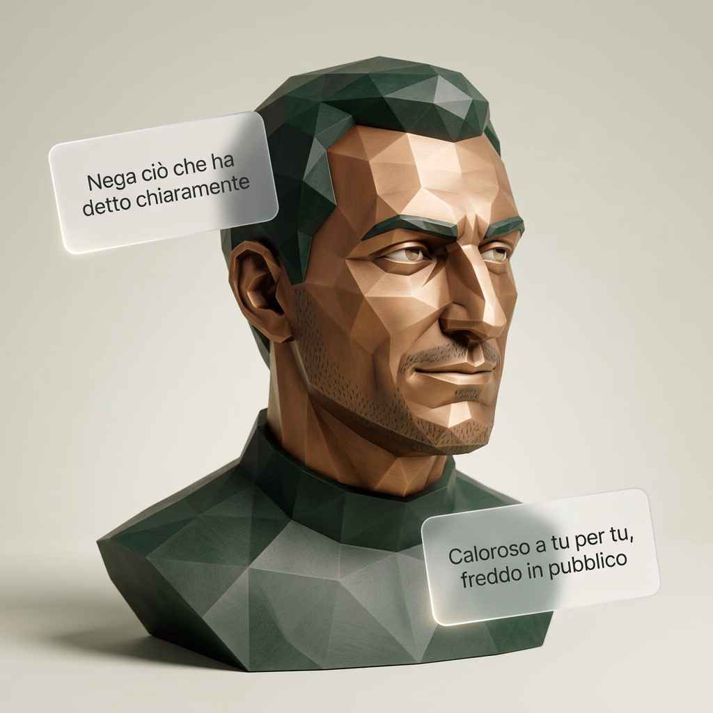 Busto scultoreo low-poly di un uomo dallo sguardo freddo e valutatore, con accanto due pannelli semitrasparenti che riportano comportamenti rivelatori di uno schema: caloroso a quattr'occhi ma freddo in pubblico, e nega cose che ha chiaramente detto