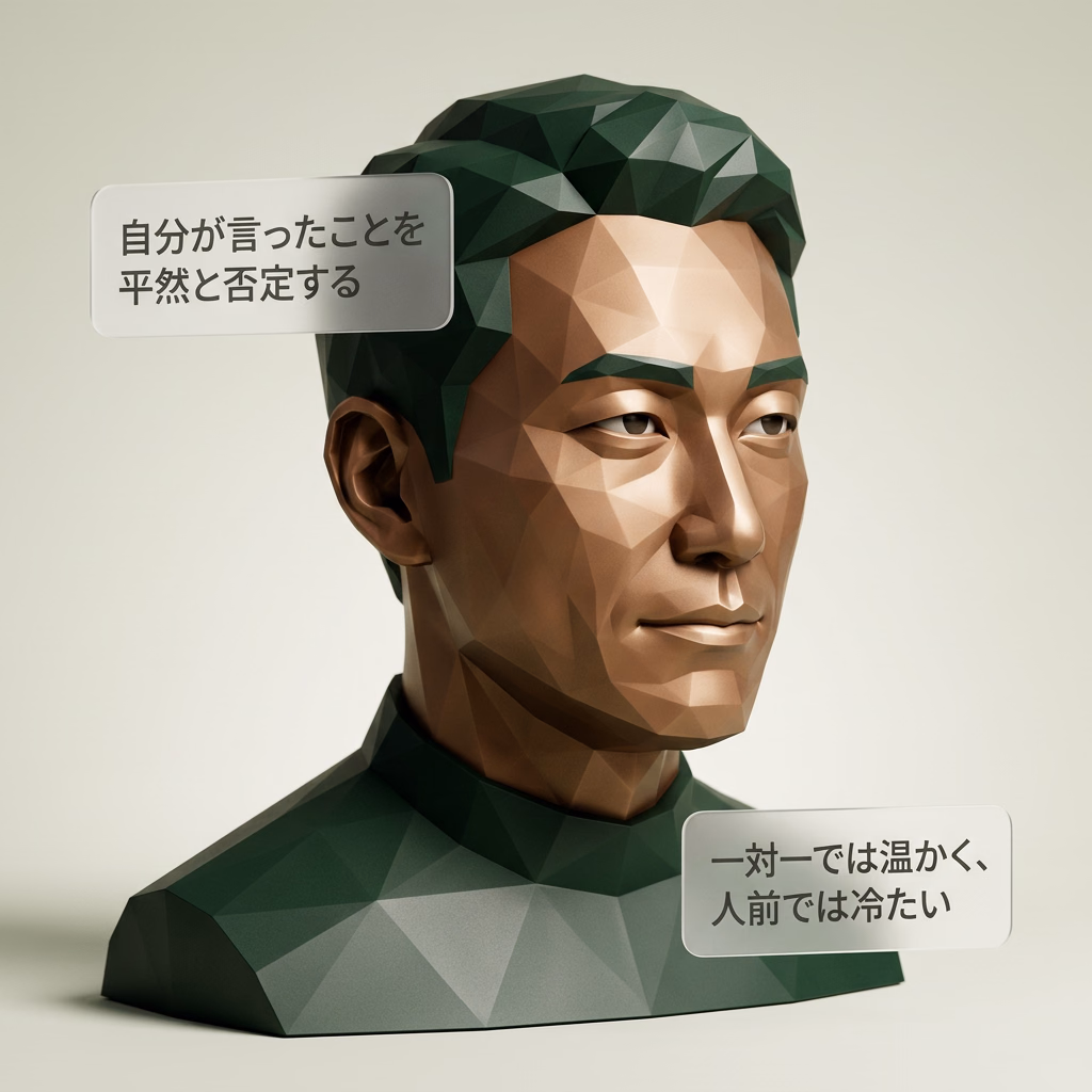 冷たく計算高い眼差しの低ポリゴン彫刻の胸像。そばに半透明のパネルが二つあり、「自分が言ったことを平然と否定する」と「一対一では温かく、人前では冷たい」と書かれている
