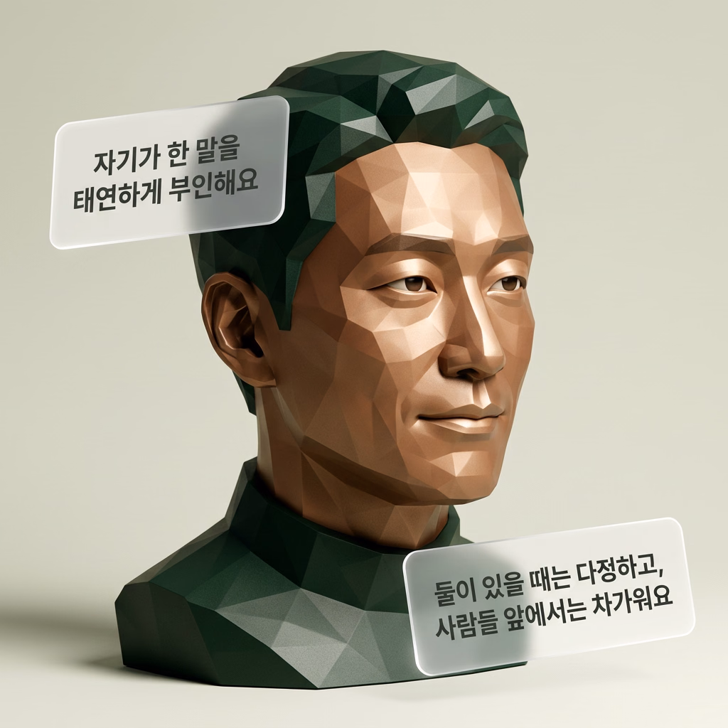 차갑고 계산적인 눈빛을 가진 로우폴리 조각 흉상. 옆에 반투명 패널 두 개가 있고 “자기가 한 말을 태연하게 부인해요”와 “둘이 있을 때는 다정하고, 사람들 앞에서는 차가워요”라고 쓰여 있다