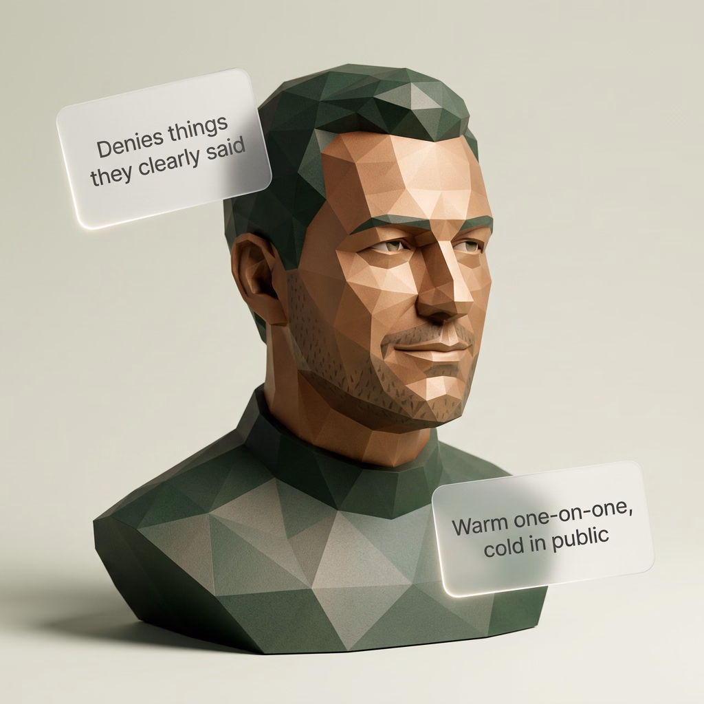 A low-poly sculptural bust of a man with a cold, appraising expression, with two translucent panels beside him reading behaviors that reveal a pattern: warm one-on-one but cold in public, and denies things they clearly said