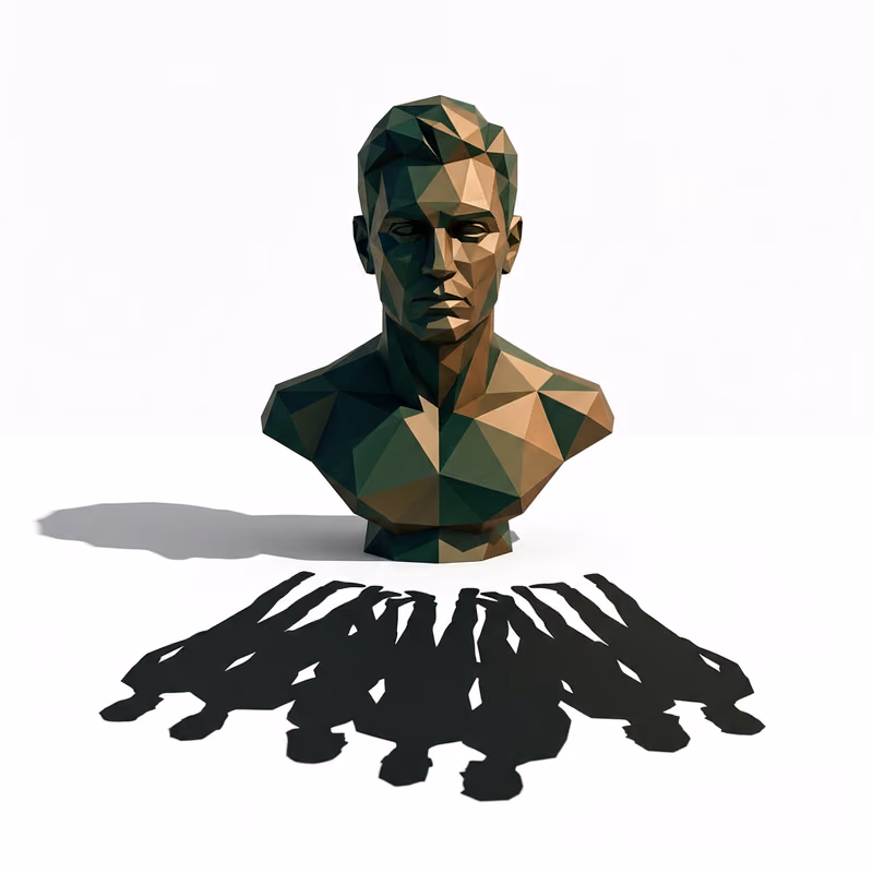 Illustration of the lone aggressor: a solitary figure casting a shadow shaped like an entire group