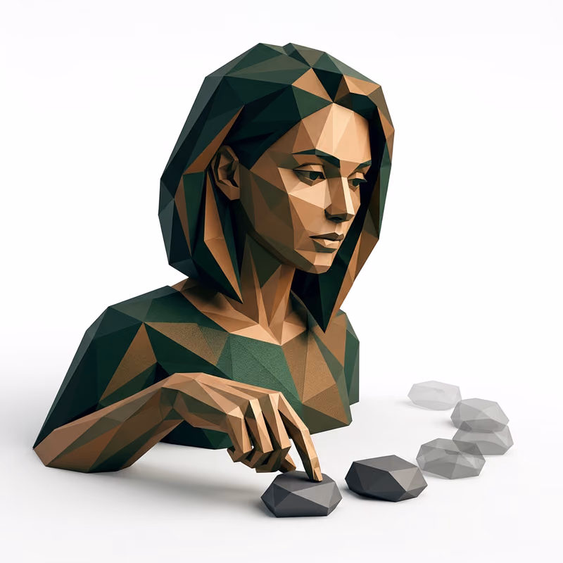 Illustration of rebuilding judgment: a hand testing a row of stepping stones, the nearest solid and the farthest still faint and translucent