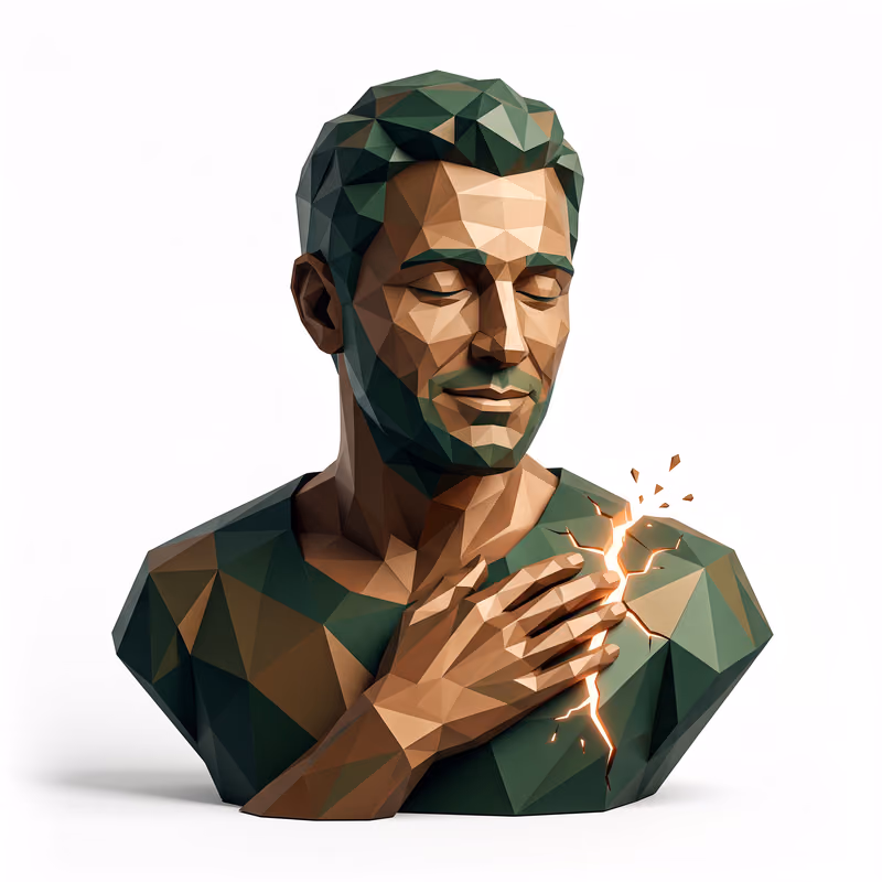Illustration of self-compassion: a hand resting warmly over a visible crack, mended with a soft glowing seam like repaired pottery