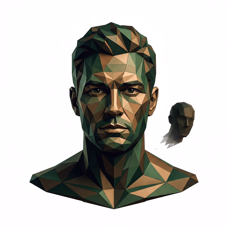 Illustration of the voice that stayed behind: a steady figure with a small separate dark head-shard hovering near the ear, clearly not part of him