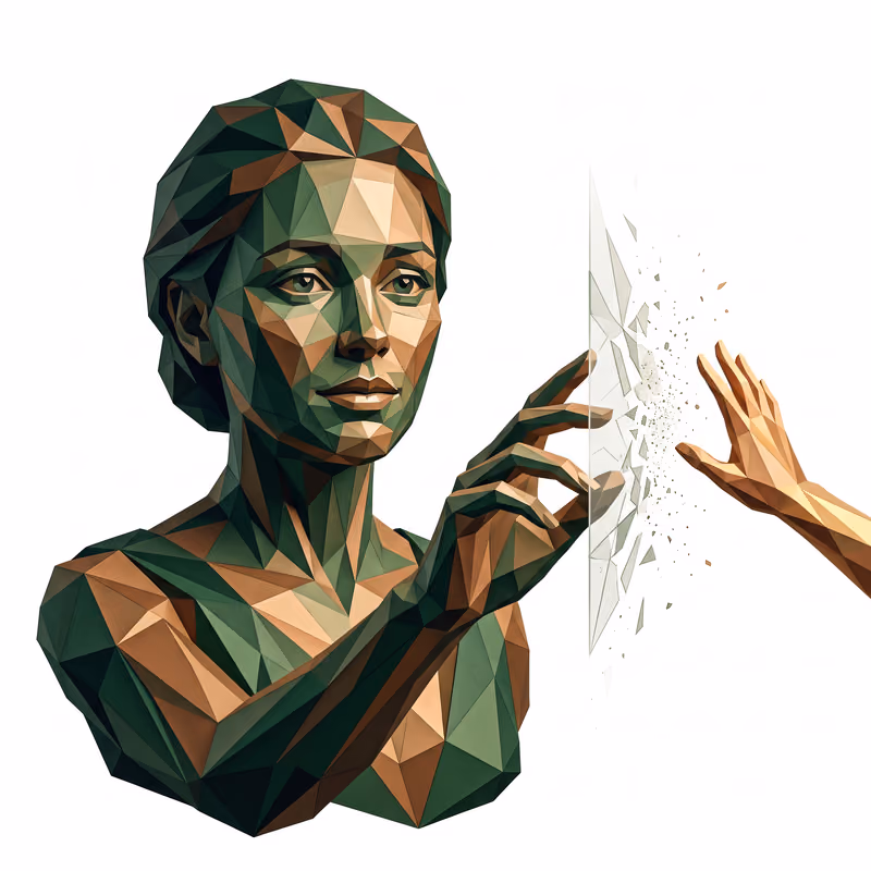 Illustration of trusting ordinary colleagues again: a hand reaching halfway toward another as a thin barrier between them dissolves