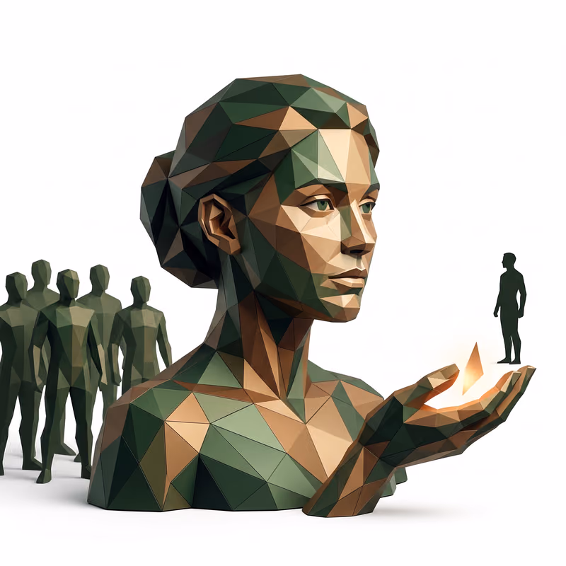 Illustration of being a useful bystander: a figure stepping away from a silent group to offer a small glowing light toward an isolated distant figure