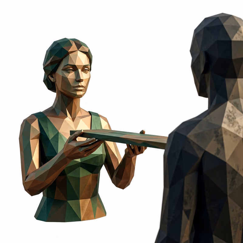 Illustration of managing up: a composed figure alone holding a bridge plank level toward a larger, dimmer figure on the far side